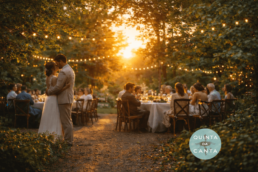 Fotografia realista de um evento ao ar livre sofisticado em meio à natureza, com área de cerimônia e lounge integrados: mesas elegantes com arranjos discretos, cadeiras alinhadas, caminho de grama, árvores ao fundo e luz dourada de fim de tarde. Convidados desfocados em segundo plano para sugerir movimento e interação. Composição ampla e arejada, profundidade de campo moderada, cores naturais, estilo editorial premium, iluminação natural suave, enquadramento horizontal 600x400, sem texto, sem logotipos, sem marcas d'água.
