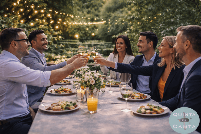 Capa para artigo sobre eventos corporativos premium na natureza: grupo pequeno de executivos em traje casual elegante reunidos em uma mesa longa de madeira ao ar livre em um refúgio na Serra da Cantareira, cercado por mata atlântica e luz suave de fim de tarde; pratos de gastronomia autoral e taças discretas sobre a mesa, atmosfera acolhedora e sofisticada, sensação de slow living; composição cinematográfica com profundidade de campo, foco no centro da mesa e pessoas conversando, sem rostos em destaque; estilo fotografia editorial premium, cores naturais, iluminação dourada, enquadramento horizontal 16:9, sem texto, sem logotipos, sem marcas d'água