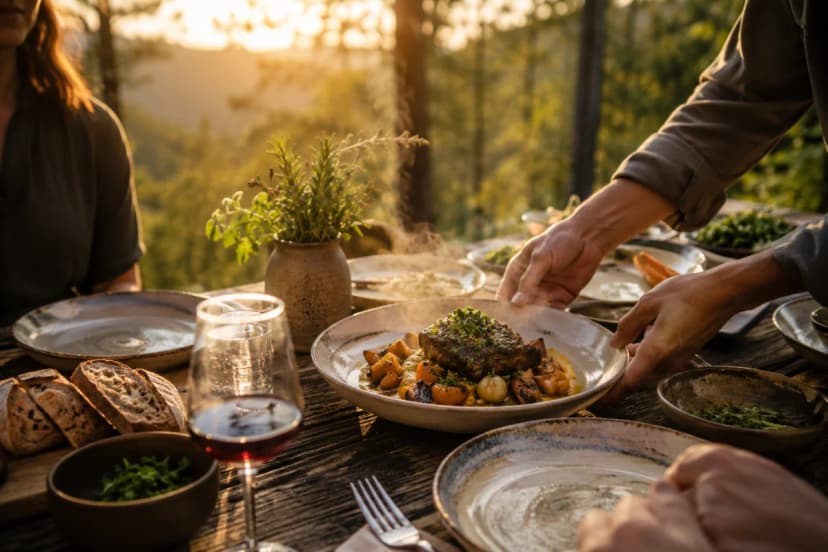 Cena de um almoço intimista ao ar livre em meio à natureza, mesa rústica de madeira posta com louças artesanais e pratos de comida caseira sofisticada com vapor visível, mãos servindo um prato com cuidado, elementos de ervas frescas e pão artesanal, ambiente acolhedor com luz dourada de fim de tarde filtrada por árvores, profundidade de campo suave, estilo fotografia editorial gastronômica realista, cores quentes e naturais, composição com foco na mesa e no ato de servir, enquadramento horizontal 16:9, sem texto, sem logotipos, sem marcas d’água