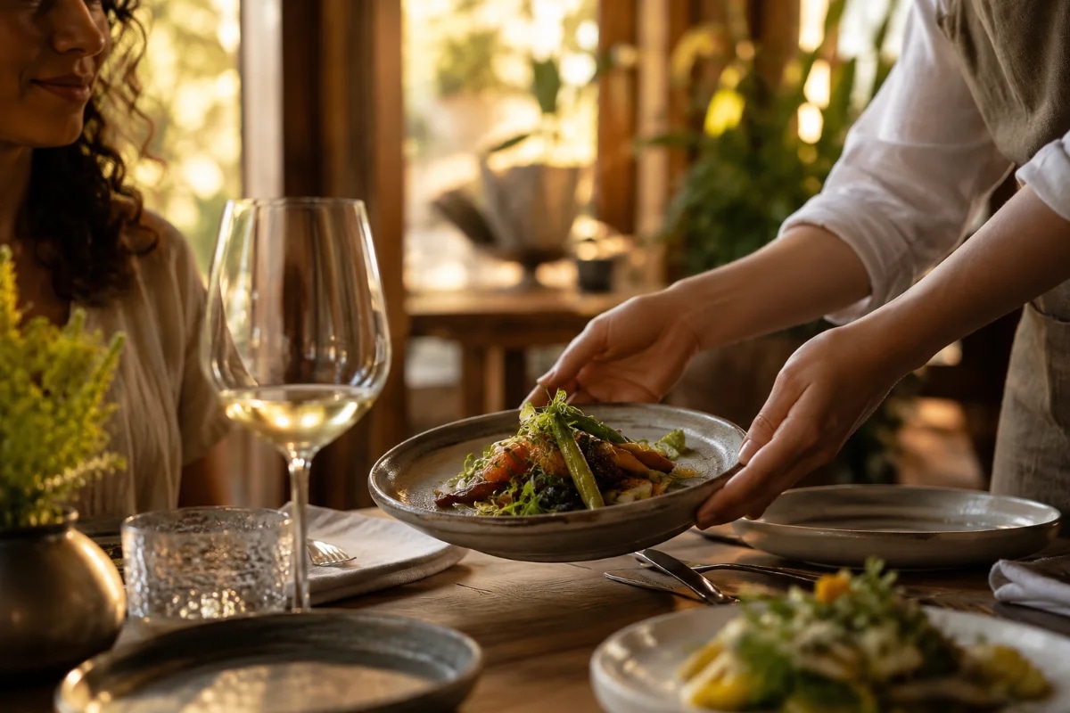 Fotografia editorial realista de uma mesa posta em restaurante acolhedor com luz quente de fim de tarde, duas pessoas servindo um prato artesanal com ingredientes sazonais (legumes coloridos, ervas frescas), mãos em movimento lento, taças e talheres bem compostos, ambiente com madeira e plantas ao fundo desfocado, sensação de calma e presença, composição clean e sofisticada, profundidade de campo suave, iluminação natural dourada, enquadramento horizontal 600x400, sem texto, sem logotipos, sem marcas d'água