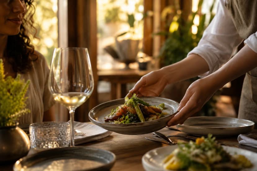 Fotografia editorial realista de uma mesa posta em restaurante acolhedor com luz quente de fim de tarde, duas pessoas servindo um prato artesanal com ingredientes sazonais (legumes coloridos, ervas frescas), mãos em movimento lento, taças e talheres bem compostos, ambiente com madeira e plantas ao fundo desfocado, sensação de calma e presença, composição clean e sofisticada, profundidade de campo suave, iluminação natural dourada, enquadramento horizontal 600x400, sem texto, sem logotipos, sem marcas d'água