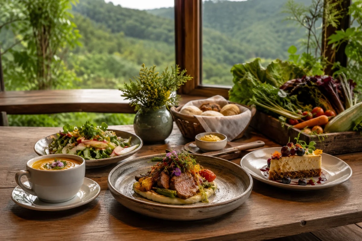 Fotografia gastronômica editorial em restaurante rústico na serra: mesa de madeira posta com menu degustação sazonal (caldinho em xícara, couvert com manteiga artesanal, salada fresca, prato principal e sobremesa), ingredientes da horta ao lado (folhas, ervas, legumes), ambiente aconchegante com luz natural entrando pela janela, fundo com vegetação serrana levemente desfocado, composição clean e elegante, profundidade de campo suave, cores naturais, estilo realista, iluminação quente e difusa, enquadramento horizontal 600x400, sem texto, sem logotipos, sem marcas d’água