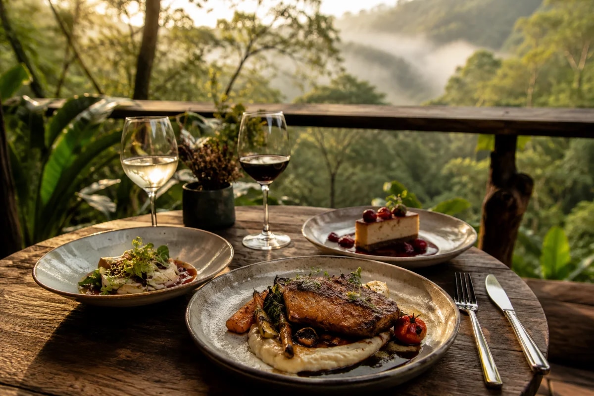 Fotografia gastronômica realista em ambiente de serra: mesa rústica de madeira em um deck ao ar livre cercado por mata atlântica da Serra da Cantareira, com pratos artesanais sazonais bem apresentados (entrada, prato principal e sobremesa), taças e talheres elegantes, vapor suave saindo da comida, luz dourada de fim de tarde filtrada pelas árvores, clima de refúgio e tranquilidade, fundo com vegetação verde e leve neblina, profundidade de campo curta destacando os pratos, composição clean e sofisticada, estilo editorial, enquadramento horizontal 600x400, sem pessoas, sem texto, sem logotipos, sem marcas d’água