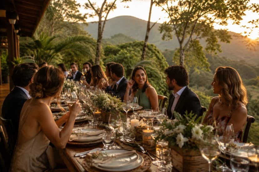 Cena de um evento exclusivo ao ar livre na Serra da Cantareira: mesa longa elegantemente posta com louças neutras, taças e arranjos discretos, convidados bem vestidos conversando em clima intimista, ao fundo vegetação de mata atlântica e montanhas suaves, luz dourada de fim de tarde, atmosfera sofisticada e acolhedora, composição cinematográfica com profundidade de campo, estilo fotografia editorial premium, cores naturais, iluminação suave e quente, enquadramento horizontal 600x400, sem texto, sem logotipos, sem marcas d'água