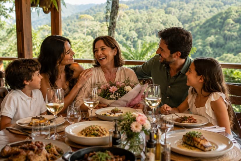 Fotografia gastronômica realista de um almoço de Dia das Mães em restaurante na Serra da Cantareira: mesa posta elegante para família, pratos brasileiros contemporâneos bem apresentados, taças e flores discretas, ao fundo varanda com vista para mata atlântica e montanhas, clima acolhedor e sofisticado, luz natural suave de fim de manhã, profundidade de campo moderada, composição horizontal 600x400, sem pessoas em destaque, sem texto, sem logotipos, sem marcas d’água