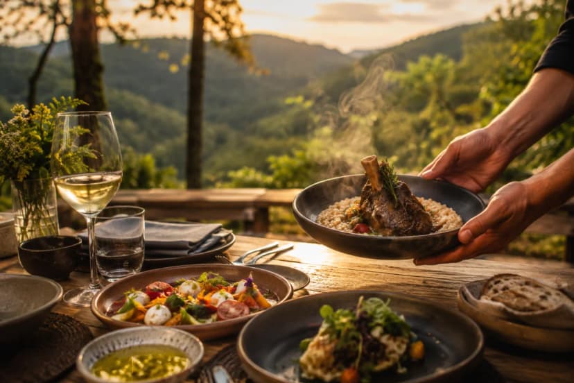 Capa horizontal 600x400 de um almoço slow food ao ar livre em meio à serra: mesa rústica de madeira posta com louças artesanais, entradas coloridas com ingredientes sazonais, taças e talheres, mãos servindo um prato principal fumegante; ao fundo, vegetação verde e luz dourada de fim de tarde, ambiente acolhedor e elegante, profundidade de campo suave, estilo fotografia gastronômica editorial realista, iluminação natural quente, composição com regra dos terços, sem pessoas identificáveis, sem texto, sem logotipos, sem marcas d’água