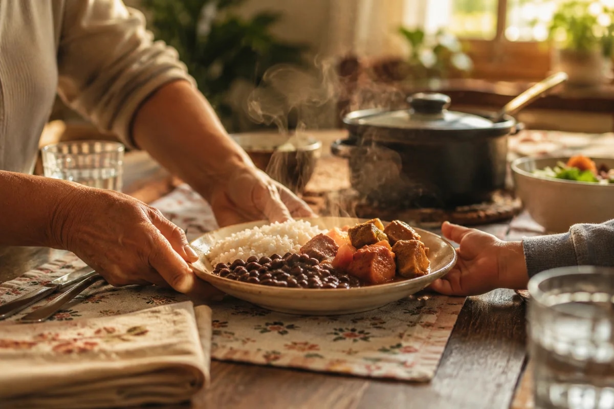 Fotografia editorial realista de uma mesa de jantar acolhedora em casa, com prato de comida caseira brasileira fumegante (ex.: arroz, feijão e carne de panela) servido em louça simples, mãos de um adulto e uma criança prestes a compartilhar a refeição, elementos de nostalgia (guardanapo de tecido, panela ao fundo), ambiente quente e intimista, luz natural suave de fim de tarde entrando pela janela, profundidade de campo rasa com foco no prato e nas mãos, composição horizontal 600x400, estilo cinematográfico, cores quentes, sem texto, sem logotipos, sem marcas d’água
