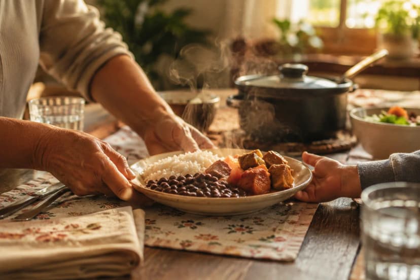 Fotografia editorial realista de uma mesa de jantar acolhedora em casa, com prato de comida caseira brasileira fumegante (ex.: arroz, feijão e carne de panela) servido em louça simples, mãos de um adulto e uma criança prestes a compartilhar a refeição, elementos de nostalgia (guardanapo de tecido, panela ao fundo), ambiente quente e intimista, luz natural suave de fim de tarde entrando pela janela, profundidade de campo rasa com foco no prato e nas mãos, composição horizontal 600x400, estilo cinematográfico, cores quentes, sem texto, sem logotipos, sem marcas d’água