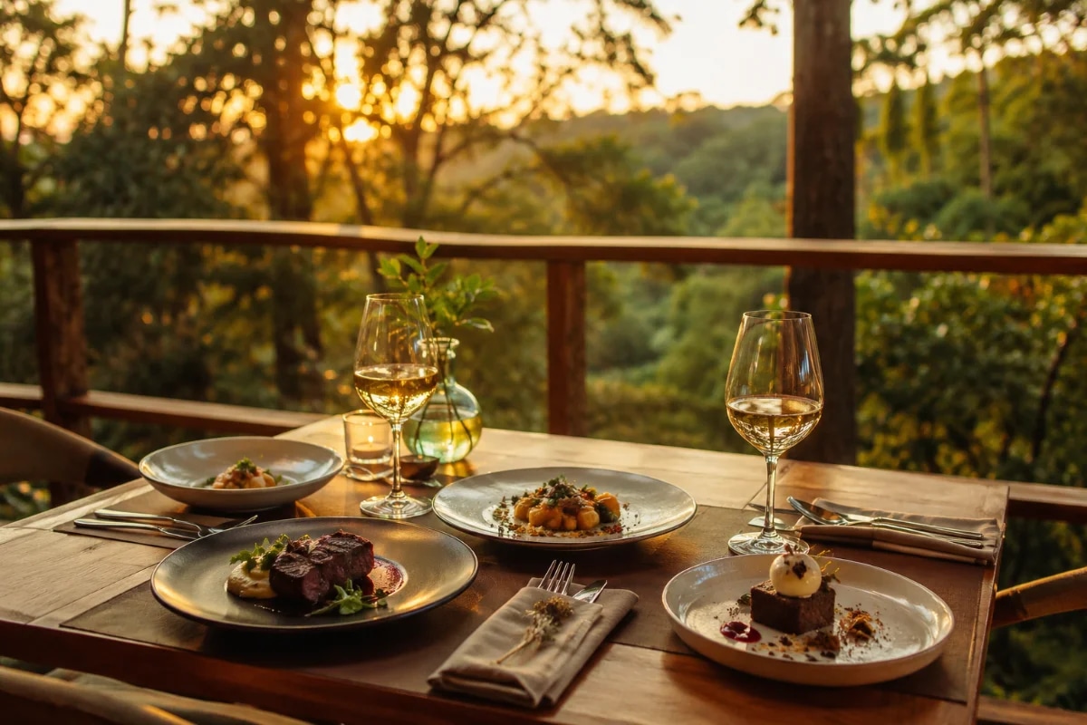 Cena de experiência gastronômica ao ar livre na Serra da Cantareira: mesa elegante para dois em varanda de madeira com vista para mata atlântica, pratos pequenos de menu degustação bem empratados (entrada, principal e sobremesa) e taças para harmonização, luz dourada de fim de tarde atravessando as árvores, atmosfera sofisticada e acolhedora, profundidade de campo suave, estilo fotografia editorial gastronômica realista, composição clean com foco nos pratos e na vista, enquadramento horizontal 600x400, sem texto, sem logotipos, sem marcas d’água