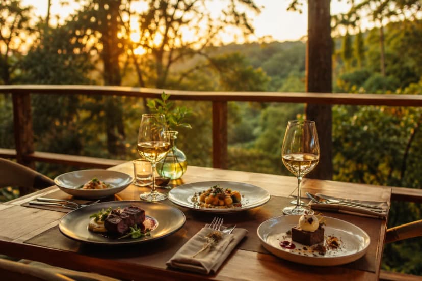 Cena de experiência gastronômica ao ar livre na Serra da Cantareira: mesa elegante para dois em varanda de madeira com vista para mata atlântica, pratos pequenos de menu degustação bem empratados (entrada, principal e sobremesa) e taças para harmonização, luz dourada de fim de tarde atravessando as árvores, atmosfera sofisticada e acolhedora, profundidade de campo suave, estilo fotografia editorial gastronômica realista, composição clean com foco nos pratos e na vista, enquadramento horizontal 600x400, sem texto, sem logotipos, sem marcas d’água