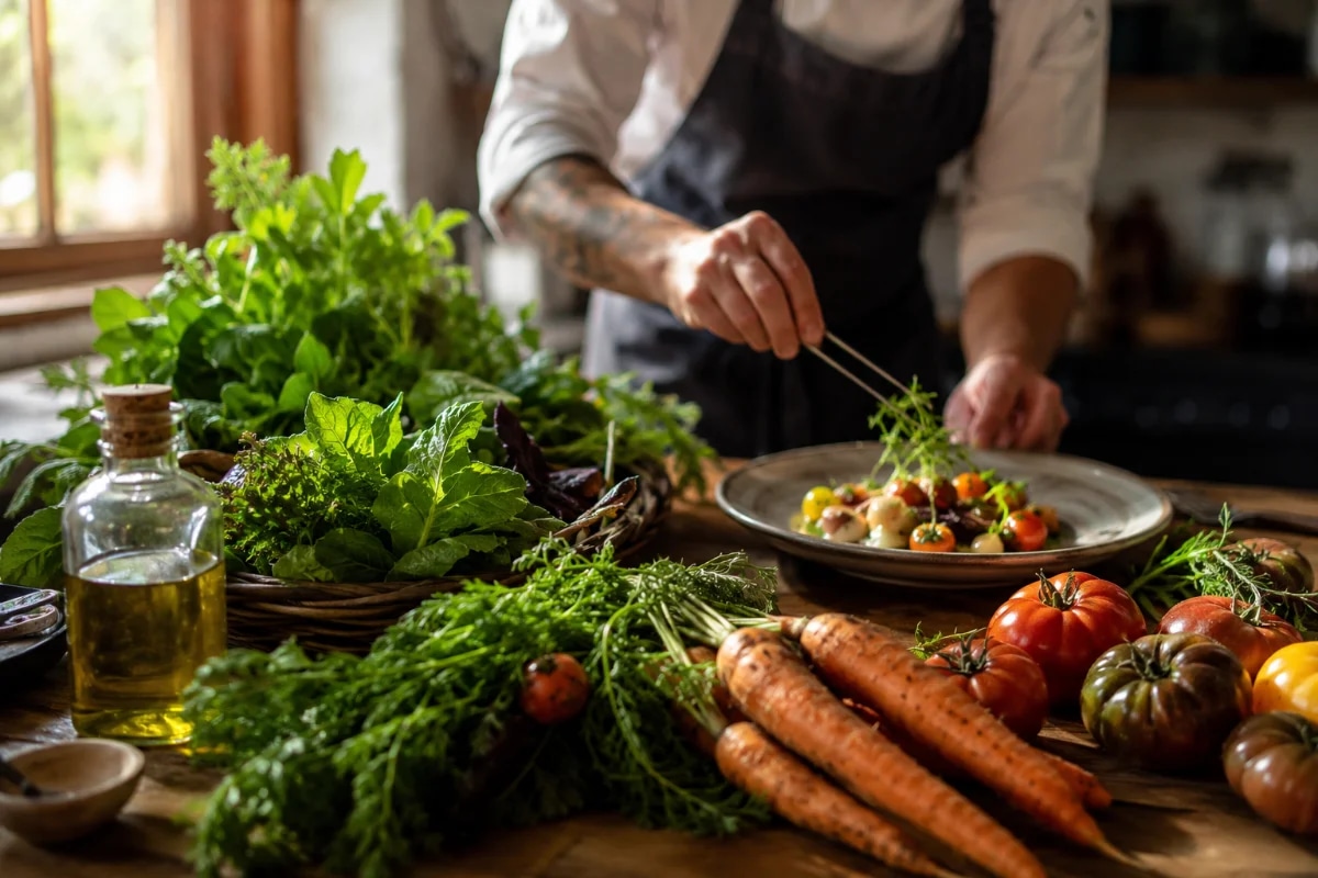 Fotografia gastronômica realista de uma mesa rústica de madeira com ingredientes orgânicos frescos (tomates heirloom, folhas verdes, ervas, cenouras com terra leve, azeite em vidro), um chef finalizando um prato com pinça ao fundo desfocado, ambiente de cozinha artesanal com luz natural entrando pela janela, tons quentes, profundidade de campo rasa, composição clean e premium, estilo editorial, iluminação suave lateral, enquadramento horizontal 600x400, sem texto, sem logotipos, sem marcas d'água