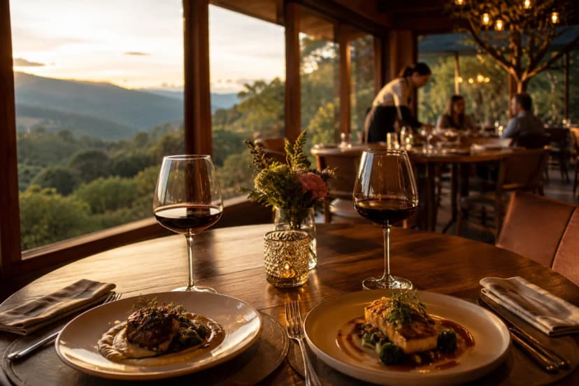 Capa para artigo sobre experiência gastronômica memorável: restaurante aconchegante em meio à natureza na serra, mesa posta para dois com pratos autorais e taças de vinho, luz quente de fim de tarde entrando por janelas amplas, equipe ao fundo servindo discretamente, atmosfera elegante e acolhedora, foco na mesa em primeiro plano com profundidade de campo suave, composição cinematográfica, estilo fotografia editorial realista, cores naturais, iluminação suave e volumétrica, enquadramento horizontal 600x400, sem texto, sem logotipos, sem marcas d'água