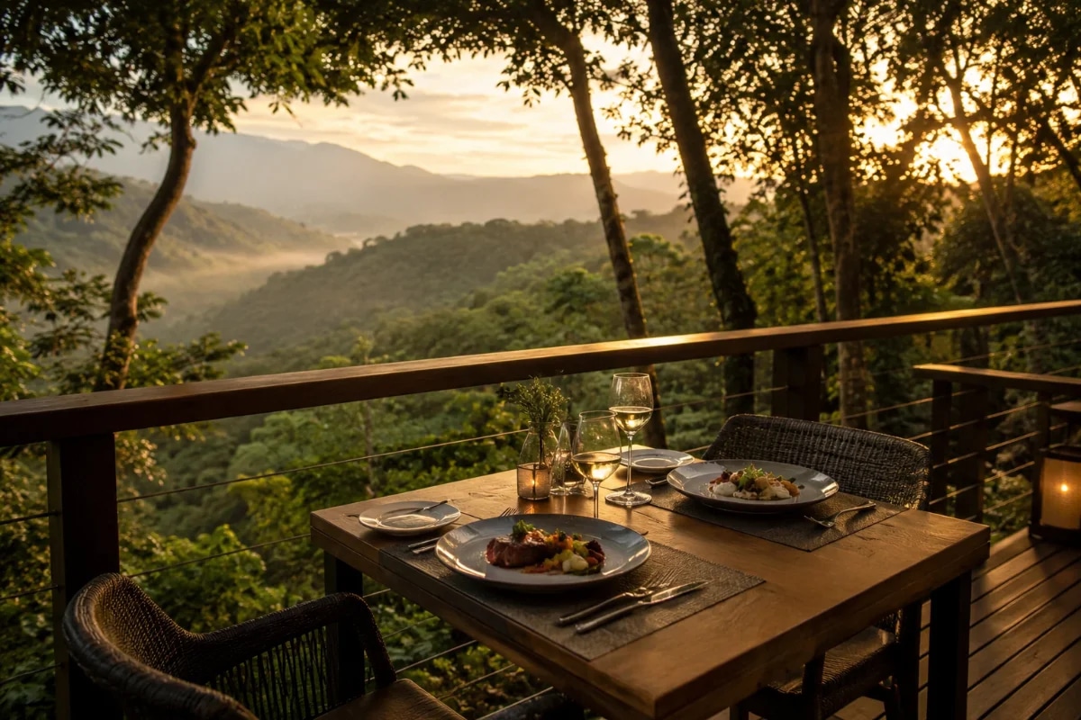 Cena de um restaurante sofisticado integrado à natureza: mesa posta para duas pessoas em um deck de madeira cercado por mata atlântica e vista verde de serra ao fundo, pratos autorais bem apresentados e taças, atmosfera intimista e silenciosa, luz dourada de fim de tarde atravessando as árvores, leve névoa na paisagem, composição cinematográfica, profundidade de campo suave, estilo fotografia editorial premium, cores naturais, enquadramento horizontal 600x400, sem pessoas identificáveis, sem texto, sem logotipos, sem marcas d'água