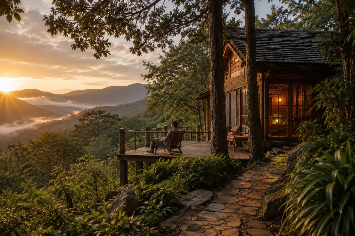 Cena de refúgio na natureza ao amanhecer: uma cabana rústica e aconchegante em meio a uma floresta de montanha com neblina leve, um deck de madeira com uma pessoa sentada em posição relaxada olhando para um vale verde, trilha suave ao lado, atmosfera de silêncio e calma, composição cinematográfica com profundidade, cores naturais e suaves, estilo fotografia realista premium, iluminação dourada de nascer do sol com sombras macias, enquadramento horizontal 600x400, sem texto, sem logotipos, sem marcas d’água