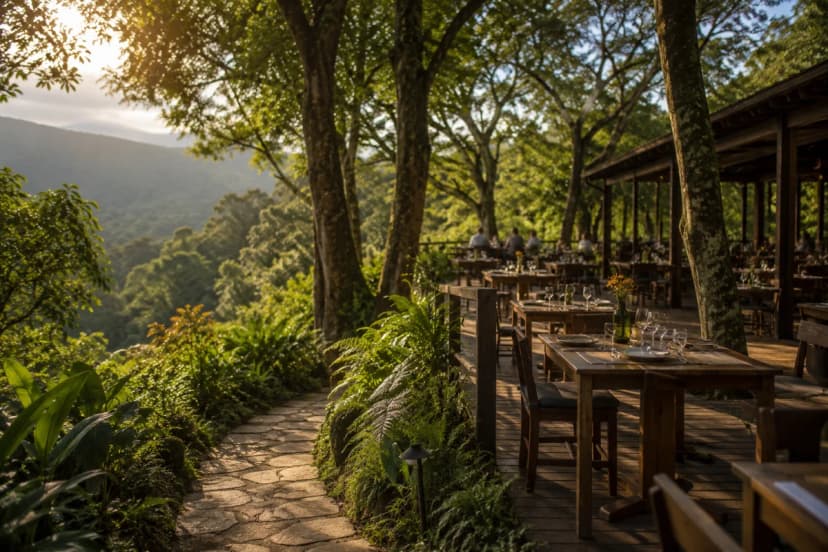 Fotografia realista de um restaurante rústico e elegante em meio à mata atlântica perto de São Paulo, mesas de madeira ao ar livre em um deck com vista para árvores altas e montanhas ao fundo, caminho de pedra e vegetação exuberante, poucas pessoas ao longe desfocadas, clima de fim de tarde tranquilo, luz dourada suave atravessando as folhas, composição clean e acolhedora, profundidade de campo moderada, enquadramento horizontal 600x400, sem texto, sem logotipos, sem marcas d'água