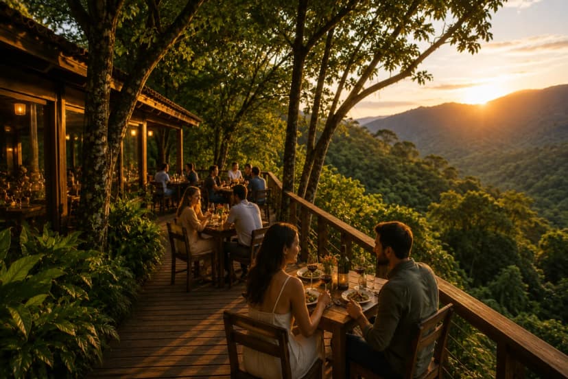 Fotografia realista de um restaurante rústico-chique em meio à Mata Atlântica na serra perto de São Paulo, mesas de madeira em deck com vista para vale verde e montanhas ao fundo, poucas pessoas conversando em clima tranquilo, vegetação densa ao redor, luz dourada de fim de tarde atravessando as árvores, atmosfera de refúgio e silêncio, composição com linhas-guia do deck levando o olhar para a vista, profundidade de campo suave, cores naturais, enquadramento horizontal 600x400, sem texto, sem logotipos, sem marcas d'água