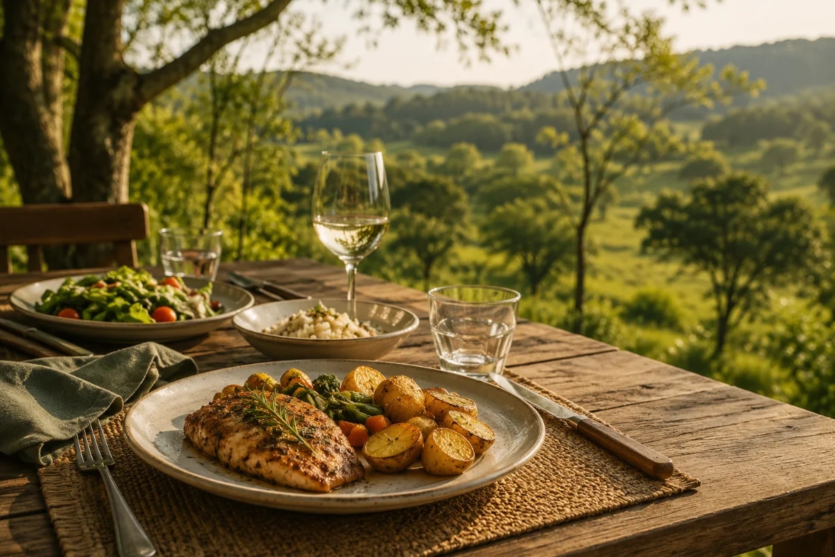 Fotografia editorial realista de uma mesa rústica de madeira posta para almoço ao ar livre em um campo verde, com pratos simples e apetitosos, talheres e copos, luz natural suave de fim de tarde, brisa sugerida por folhas ao fundo, árvores e colinas desfocadas, atmosfera calma e silenciosa, composição com foco no prato em primeiro plano e paisagem ao fundo, profundidade de campo, cores naturais, estilo cinematográfico, enquadramento horizontal 600x400, sem texto, sem logotipos, sem marcas d’água