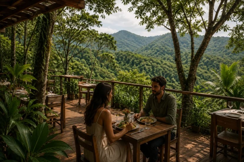 Cena de um restaurante na natureza na serra perto de São Paulo: mesa posta para almoço ao ar livre em um deck de madeira com vista para mata atlântica e montanhas ao fundo, casal conversando em clima calmo, poucas mesas bem espaçadas, vegetação verde exuberante, luz suave de fim de manhã, atmosfera de slow living, fotografia realista, cores naturais, profundidade de campo leve, enquadramento horizontal 600x400, sem texto, sem logotipos, sem marcas d’água
