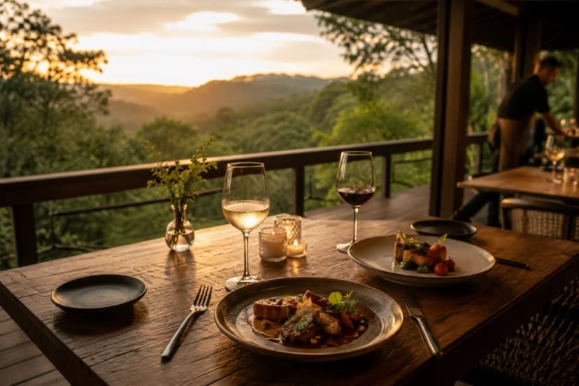 Fotografia editorial realista de uma experiência gastronômica para fugir da rotina perto de São Paulo: mesa posta para dois em um deck de madeira integrado à natureza, com pratos autorais bem apresentados, taças e velas discretas; ao fundo, mata atlântica da Serra da Cantareira com luz dourada de fim de tarde e leve neblina; ambiente intimista e silencioso, serviço ao fundo desfocado; composição com regra dos terços, foco nos pratos e na mesa, profundidade de campo suave, cores naturais, iluminação quente e suave; enquadramento horizontal 600x400, sem texto, sem logotipos, sem marcas d’água