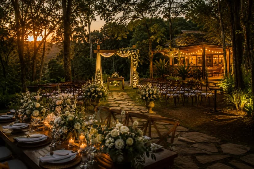 Cena de mini wedding intimista na Serra da Cantareira ao entardecer: cerimônia ao ar livre em clareira cercada por mata atlântica, mesa posta elegante para poucos convidados, luz dourada filtrada por árvores, decoração sofisticada com flores brancas e folhagens, caminho de pedra, cadeiras alinhadas, ao fundo um espaço rústico-chique com iluminação quente. Composição cinematográfica, estilo fotografia editorial de casamento, cores naturais, alta nitidez, profundidade de campo suave, enquadramento horizontal 600x400, sem texto, sem logotipos, sem marcas d’água