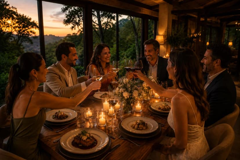 Cena de um jantar de celebração intimista em restaurante cercado por natureza na Serra da Cantareira: mesa posta para 6 pessoas com velas discretas, taças de vinho e pratos bem apresentados, ao fundo grandes janelas com vista para mata atlântica ao entardecer. Ambiente elegante e acolhedor, acústica sugerida por clima calmo, iluminação quente e suave, profundidade de campo moderada, estilo fotografia editorial gastronômica realista, composição horizontal 600x400, sem pessoas em destaque, sem texto, sem logotipos, sem marcas d’água.
