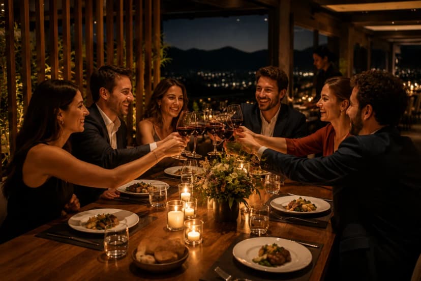 Cena de um jantar de celebração intimista em restaurante sofisticado na serra: mesa para 6 pessoas com louças elegantes, taças de vinho e velas, ambiente reservado com divisória discreta, iluminação quente e suave, fundo com vista noturna de montanhas pela janela, equipe de serviço ao fundo de forma sutil, composição clean e premium, fotografia realista, profundidade de campo, enquadramento horizontal 600x400, sem texto, sem logotipos, sem marcas d'água