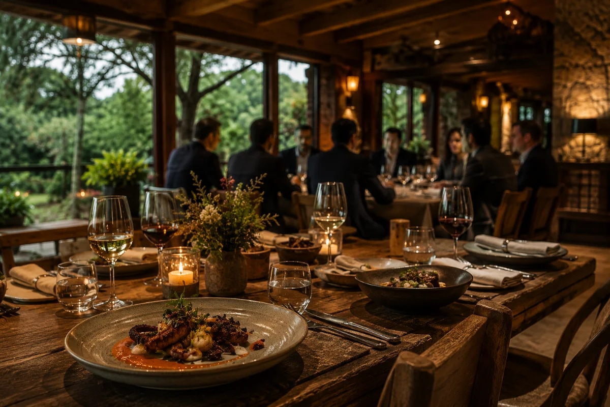 Capa para artigo sobre espaços gastronômicos para eventos corporativos exclusivos: restaurante sofisticado integrado à natureza, salão privativo com mesas bem postas e arranjos discretos, executivos em conversa ao fundo desfocados, iluminação quente e elegante com luz natural entrando por grandes janelas, detalhes de pratos autorais e taças em primeiro plano, atmosfera premium e silenciosa, composição clean e minimalista, fotografia realista, profundidade de campo suave, enquadramento horizontal 600x400, sem texto, sem logotipos, sem marcas d’água