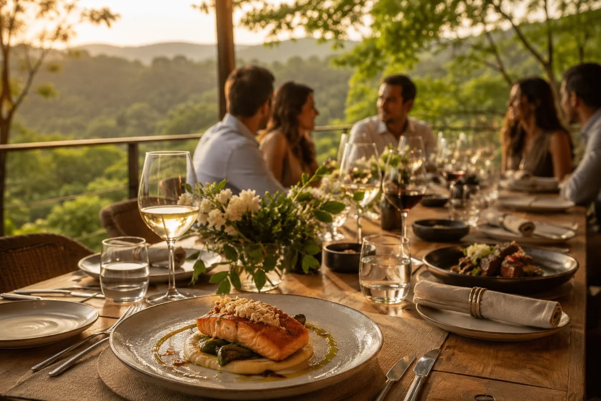 Cena de um almoço de aniversário elegante ao ar livre em um restaurante na serra, mesa posta com louças neutras e flores discretas, pratos autorais bem empratados e taças, pessoas em segundo plano desfocadas conversando, vegetação da Serra da Cantareira ao fundo, atmosfera acolhedora e sofisticada, luz natural suave de fim de tarde, composição editorial minimalista, profundidade de campo rasa, enquadramento horizontal 600x400, sem texto, sem logotipos, sem marcas d'água