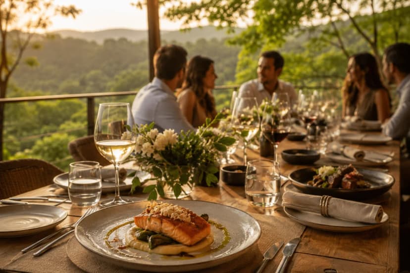 Cena de um almoço de aniversário elegante ao ar livre em um restaurante na serra, mesa posta com louças neutras e flores discretas, pratos autorais bem empratados e taças, pessoas em segundo plano desfocadas conversando, vegetação da Serra da Cantareira ao fundo, atmosfera acolhedora e sofisticada, luz natural suave de fim de tarde, composição editorial minimalista, profundidade de campo rasa, enquadramento horizontal 600x400, sem texto, sem logotipos, sem marcas d'água