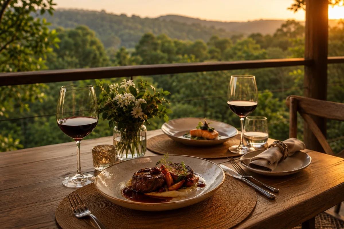 Fotografia gastronômica editorial em ambiente de serra: mesa posta para duas pessoas em varanda rústica elegante com vista para mata atlântica da Serra da Cantareira ao fundo, pratos autorais bem empratados e taças de vinho, luz dourada de fim de tarde, atmosfera premium e acolhedora, profundidade de campo suave, composição com regra dos terços, enquadramento horizontal 600x400, sem pessoas em destaque, sem texto, sem logotipos, sem marcas d’água