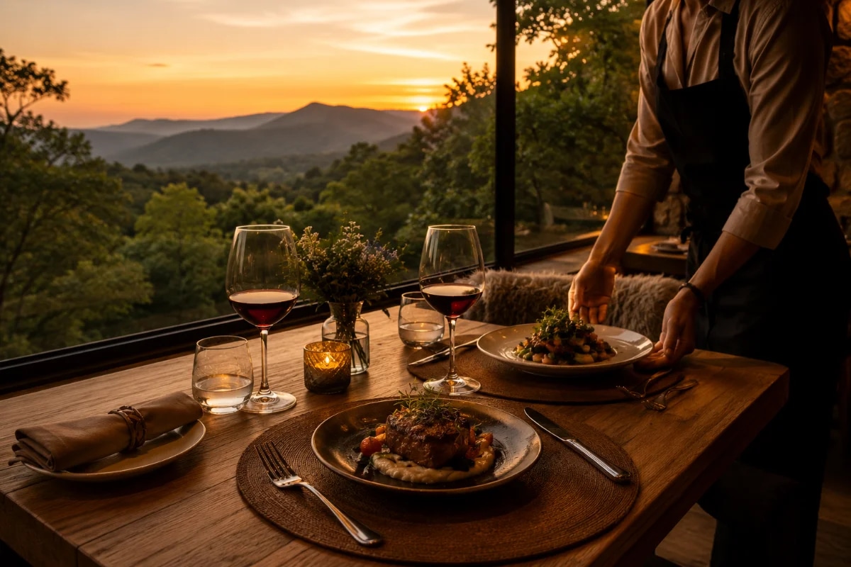 Capa fotográfica realista de um jantar intimista em restaurante na serra: mesa posta para duas pessoas com pratos autorais bem apresentados, taças de vinho, velas discretas e detalhes de madeira e pedra; ao fundo, grande janela com vista para montanhas e vegetação ao entardecer; equipe de salão ao lado em postura acolhedora e atenta, sem foco no rosto; atmosfera de slow living, aconchego e sofisticação; composição com profundidade de campo suave, foco na mesa e na luz quente; iluminação mista de luz natural dourada e luz ambiente suave; enquadramento horizontal 600x400, sem texto, sem logotipos, sem marcas d’água