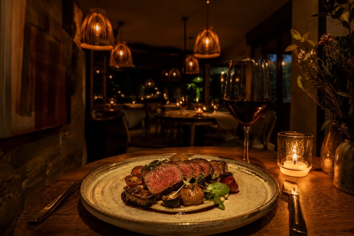 Cena em um restaurante intimista e sofisticado à noite, mesa posta com prato gourmet e taça de vinho em primeiro plano, luz quente e baixa de luminárias pendentes criando sombras suaves e atmosfera aconchegante, ao fundo desfocado um salão elegante com poucas mesas e velas, foco na textura e cores naturais da comida sob iluminação quente, estilo fotografia editorial gastronômica realista, alta nitidez no prato, bokeh suave, iluminação cinematográfica, composição equilibrada com regra dos terços, enquadramento horizontal 600x400, sem texto, sem logotipos, sem marcas d’água