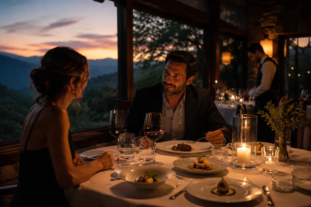 Cena de um jantar intimista e sofisticado em restaurante na serra, mesa posta com louças elegantes e taças de vinho, pratos de alta gastronomia em pequenas porções servidos em etapas, casal conversando calmamente, garçom ao fundo com postura discreta, ambiente com luz quente de velas e luminárias, janela ampla mostrando natureza e montanhas ao entardecer, atmosfera silenciosa e exclusiva, composição cinematográfica, profundidade de campo suave, estilo fotografia editorial premium, cores naturais, iluminação suave e aconchegante, enquadramento horizontal 600x400, sem texto, sem logotipos, sem marcas d'água