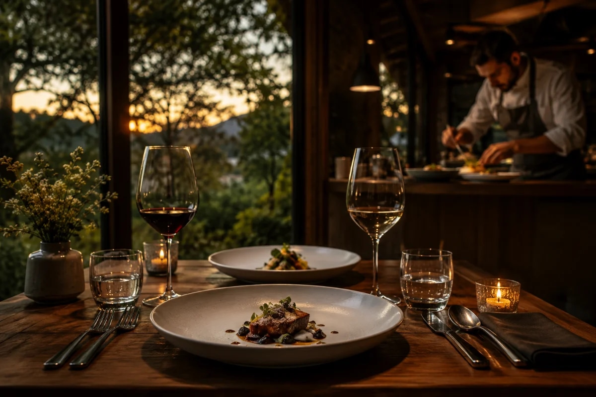 Capa para artigo sobre experiência gastronômica autoral: mesa elegante para dois em restaurante intimista integrado à natureza, grande janela com vista para mata ao entardecer, chef finalizando um prato autoral com pinça ao fundo levemente desfocado, pratos de menu degustação com apresentação minimalista, taças de vinho, luz quente suave e velas discretas, atmosfera premium e acolhedora, composição cinematográfica, profundidade de campo rasa, estilo fotografia editorial de gastronomia, cores naturais e sofisticadas, enquadramento horizontal 600x400, sem texto, sem logotipos, sem marcas d'água