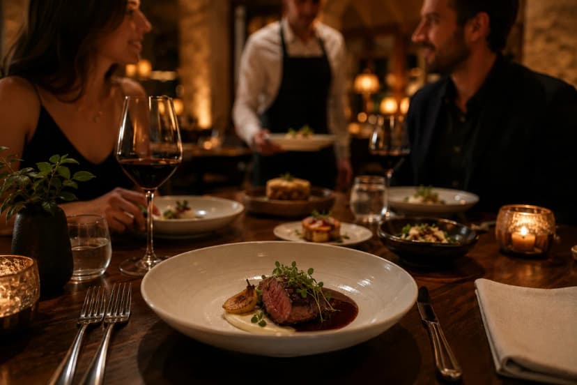 Fotografia editorial realista de um jantar fine dining em restaurante aconchegante: mesa posta com pratos pequenos em sequência, talheres alinhados, taça de vinho, garçom ao fundo aproximando-se discretamente para servir; casal em conversa tranquila, ambiente com iluminação quente e suave, velas e luz indireta, fundo levemente desfocado (bokeh), composição equilibrada com foco no prato principal em primeiro plano e sensação de cadência entre etapas; estilo sofisticado, cores naturais, alta definição, enquadramento horizontal 600x400, sem texto, sem logotipos, sem marcas d’água
