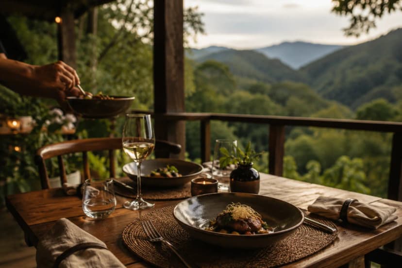 Fotografia editorial realista de um almoço intimista na serra perto de São Paulo: mesa de madeira para duas pessoas em varanda rústica com vista para montanhas verdes e mata atlântica, pratos bem apresentados de gastronomia contemporânea, taças discretas, guardanapos de linho, atmosfera de slow living, sem pessoas em destaque (apenas mãos servindo ao fundo desfocado), ambiente silencioso e acolhedor, luz natural suave de fim de tarde, cores quentes e verdes, profundidade de campo rasa, composição com a mesa em primeiro plano e a paisagem ao fundo, enquadramento horizontal 600x400, sem texto, sem logotipos, sem marcas d’água