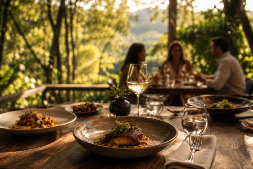 Cena de uma mesa posta para almoço ao ar livre em um restaurante na natureza, com pratos brasileiros bem apresentados, talheres e taças discretas, pessoas desfocadas conversando calmamente ao fundo, vegetação verde e luz suave atravessando árvores, atmosfera de refúgio e tranquilidade, composição clean e acolhedora, fotografia realista editorial, profundidade de campo rasa, cores naturais, iluminação dourada de fim de tarde, enquadramento horizontal 600x400, sem texto, sem logotipos, sem marcas d'água