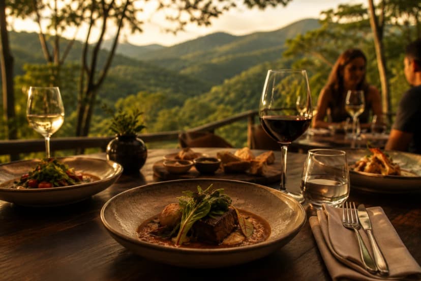 Fotografia editorial realista de uma mesa posta ao ar livre em um restaurante na serra perto de São Paulo, com pratos sofisticados de gastronomia brasileira contemporânea, taças de vinho e talheres elegantes; ao fundo, paisagem de montanhas verdes e árvores, atmosfera tranquila de refúgio, poucas pessoas desfocadas em conversa; composição com foco nos pratos em primeiro plano e profundidade de campo suave, luz natural dourada de fim de tarde, cores quentes e naturais, estilo premium, enquadramento horizontal 600x400, sem texto, sem logotipos, sem marcas d’água