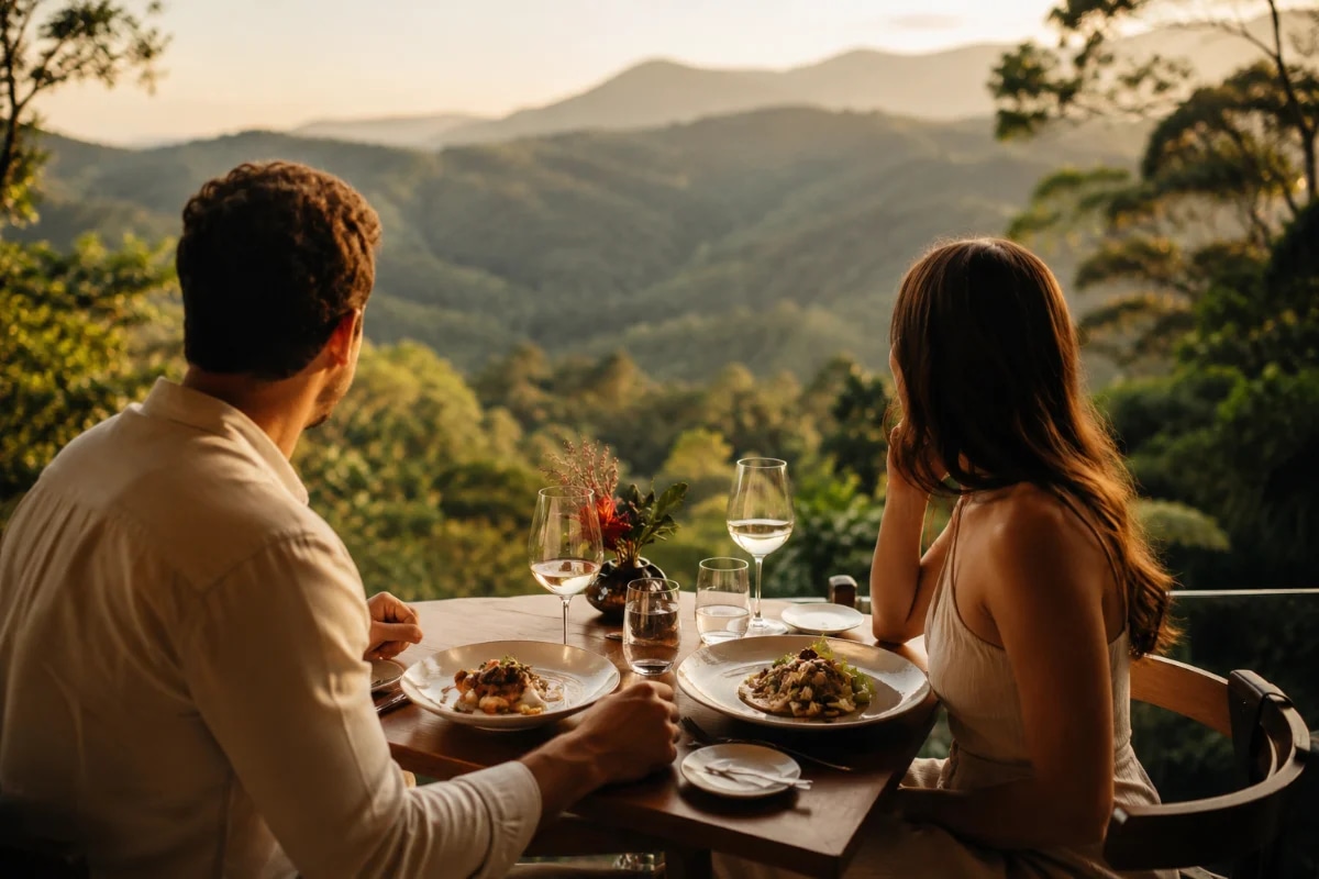 Capa fotográfica realista de um casal em um almoço romântico ao ar livre em restaurante na serra perto de São Paulo, mesa de madeira para dois com pratos de alta gastronomia e taças, vista para mata atlântica e montanhas ao fundo, ambiente silencioso e intimista, luz dourada de fim de tarde, composição com o casal em primeiro plano de costas, foco suave no fundo, profundidade de campo, estilo editorial de viagem e gastronomia, cores naturais, enquadramento horizontal 600x400, sem texto, sem logotipos, sem marcas d'água