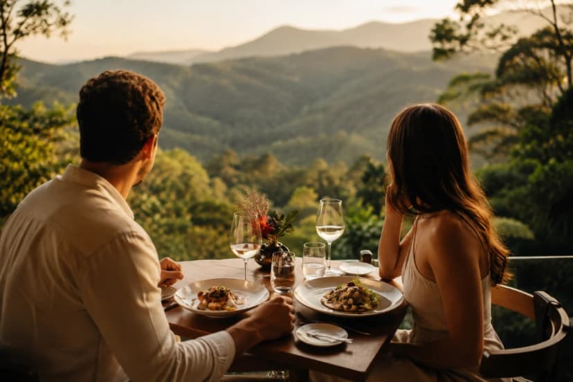 Capa fotográfica realista de um casal em um almoço romântico ao ar livre em restaurante na serra perto de São Paulo, mesa de madeira para dois com pratos de alta gastronomia e taças, vista para mata atlântica e montanhas ao fundo, ambiente silencioso e intimista, luz dourada de fim de tarde, composição com o casal em primeiro plano de costas, foco suave no fundo, profundidade de campo, estilo editorial de viagem e gastronomia, cores naturais, enquadramento horizontal 600x400, sem texto, sem logotipos, sem marcas d'água