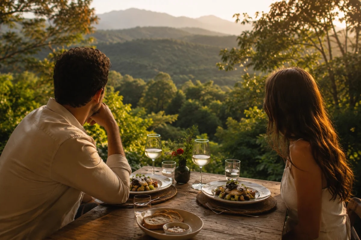 Cena de almoço ao ar livre em meio à serra da cantareira, mesa rústica de madeira com pratos bem apresentados e ingredientes frescos, duas pessoas em clima calmo, ao fundo uma paisagem verde com árvores e montanhas, luz natural suave de fim de tarde, atmosfera silenciosa e contemplativa, profundidade de campo moderada com foco na mesa e bokeh no fundo, estilo fotográfico realista editorial, cores naturais, enquadramento horizontal 600x400, sem texto, sem logotipos, sem marcas d’água