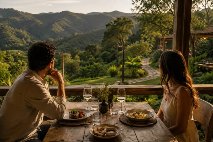 Cena de slow living em restaurante na serra: mesa de madeira rústica para duas pessoas em varanda aberta com vista para montanhas verdes e mata nativa, pratos de comida artesanal bem apresentados e taças discretas, atmosfera silenciosa e acolhedora, poucos elementos no cenário, caminho de pedra e jardim ao fundo, luz natural suave de fim de tarde com sombras delicadas, estilo fotográfico realista premium, cores naturais e quentes, profundidade de campo leve, composição limpa e equilibrada, enquadramento horizontal 600x400, sem texto, sem logotipos, sem marcas d'água