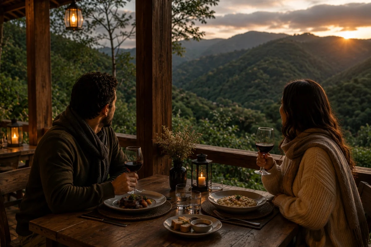 Cena de um restaurante de refúgio gastronômico na serra, com mesa posta para duas pessoas em varanda de madeira voltada para montanhas verdes e mata nativa, ambiente calmo e intimista, poucos elementos decorativos naturais, taças e pratos elegantes, luz dourada suave de fim de tarde, atmosfera de silêncio e bem-estar, composição minimalista com profundidade de campo, fotografia realista cinematográfica, cores naturais, enquadramento horizontal 600x400, sem pessoas em destaque, sem texto, sem logotipos, sem marcas d’água
