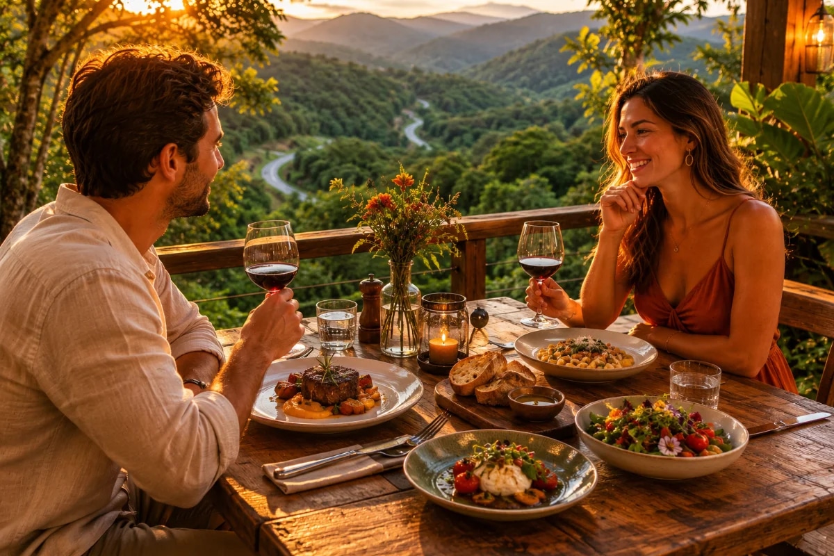 Capa fotográfica realista de turismo gastronômico na Serra da Cantareira: mesa rústica de madeira para duas pessoas em varanda aberta com vista para mata atlântica densa e montanhas ao fundo, pratos bem apresentados com ingredientes locais e taças discretas, atmosfera de refúgio silencioso, estrada sinuosa sugerida ao longe, composição clean e elegante, profundidade de campo suave, luz natural de fim de tarde dourada filtrada pelas árvores, cores verdes e terrosas, enquadramento horizontal 600x400, sem pessoas em destaque, sem texto, sem logotipos, sem marcas d’água