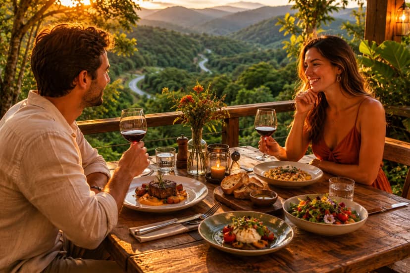 Capa fotográfica realista de turismo gastronômico na Serra da Cantareira: mesa rústica de madeira para duas pessoas em varanda aberta com vista para mata atlântica densa e montanhas ao fundo, pratos bem apresentados com ingredientes locais e taças discretas, atmosfera de refúgio silencioso, estrada sinuosa sugerida ao longe, composição clean e elegante, profundidade de campo suave, luz natural de fim de tarde dourada filtrada pelas árvores, cores verdes e terrosas, enquadramento horizontal 600x400, sem pessoas em destaque, sem texto, sem logotipos, sem marcas d’água