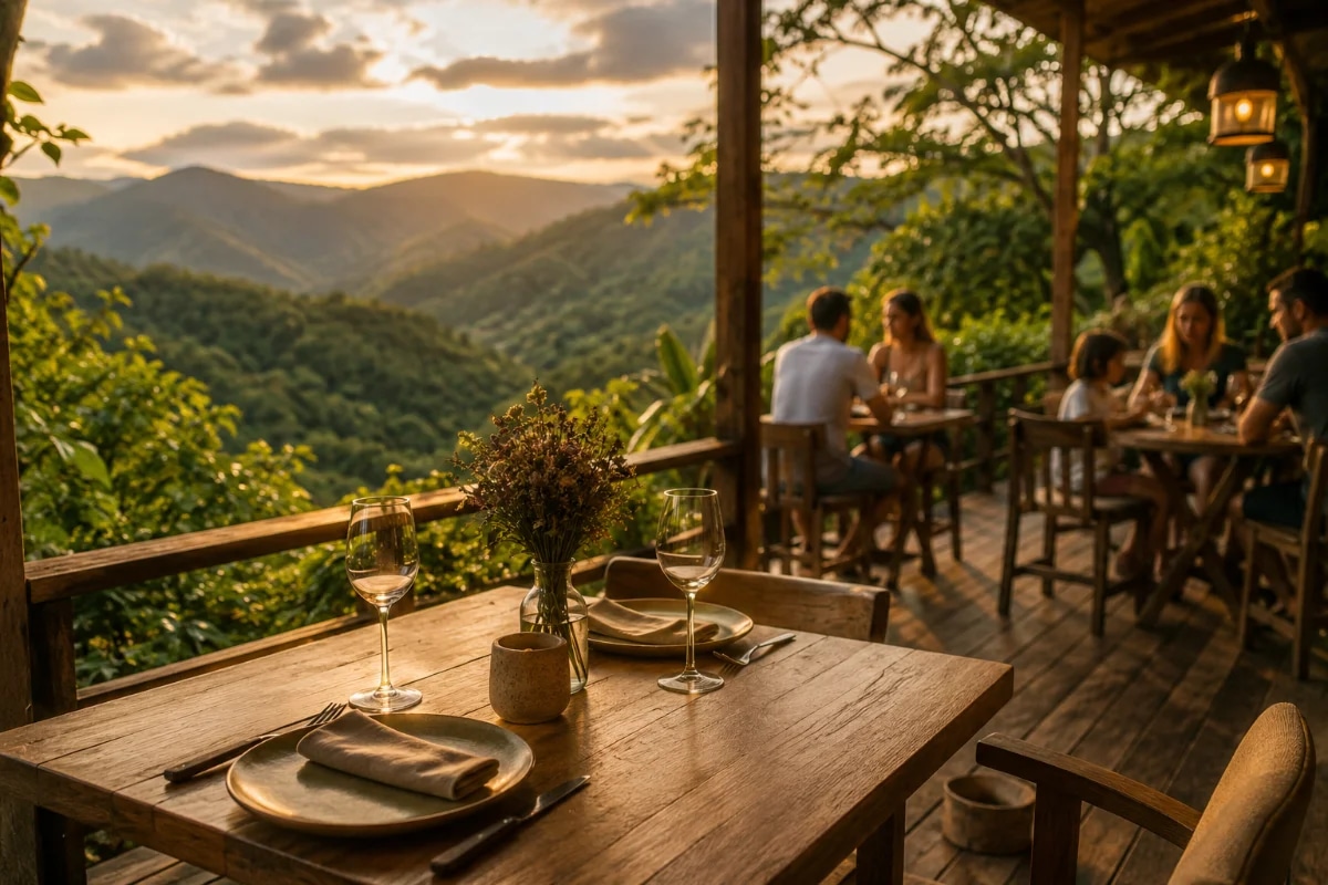Fotografia realista de um restaurante aconchegante na serra perto de São Paulo, com deck de madeira e mesas bem espaçadas voltadas para uma vista ampla de mata atlântica e montanhas ao fundo; casal e família ao fundo desfocados, clima de refúgio e silêncio, louças e taças discretas na mesa em primeiro plano, vegetação verde exuberante, céu parcialmente nublado, luz dourada de fim de tarde, composição clean e elegante, profundidade de campo suave, enquadramento horizontal 600x400, sem texto, sem logotipos, sem marcas d’água