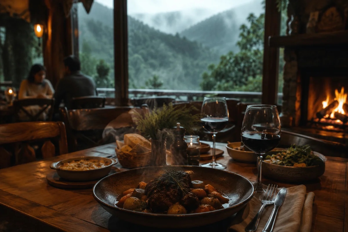 Cena de um restaurante aconchegante na serra em dia frio e úmido, com lareira acesa ao fundo, mesa de madeira rústica em primeiro plano com pratos fumegantes e taças de vinho, janela ampla mostrando mata atlântica com neblina e brisa, iluminação quente e baixa contrastando com o exterior frio, composição cinematográfica, profundidade de campo suave, estilo fotografia editorial gastronômica realista, cores naturais, enquadramento horizontal 600x400, sem texto, sem logotipos, sem marcas d'água