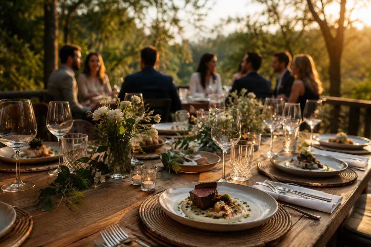 Cena de uma celebração intimista elegante ao ar livre em meio à natureza, mesa posta para 8 pessoas com louças neutras, taças de cristal e arranjos discretos de flores brancas e folhagens, pratos de alta gastronomia servidos, pessoas bem-vestidas em conversa suave ao fundo desfocadas, luz dourada de fim de tarde, ambiente sofisticado e acolhedor, composição editorial minimalista, fotografia realista, profundidade de campo, enquadramento horizontal 600x400, sem texto, sem logotipos, sem marcas d’água