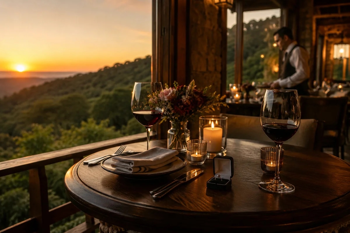 Cena romântica em restaurante sofisticado na Serra da Cantareira ao entardecer, mesa para dois em varanda com vista para a mata, velas e taças de vinho, garçom ao fundo discretamente, anel em caixinha sobre a mesa, atmosfera íntima e elegante, decoração rústico-chique, luz dourada do pôr do sol com iluminação quente de ambiente, profundidade de campo suave, composição cinematográfica, fotografia realista, enquadramento horizontal 600x400, sem texto, sem logotipos, sem marcas d'água