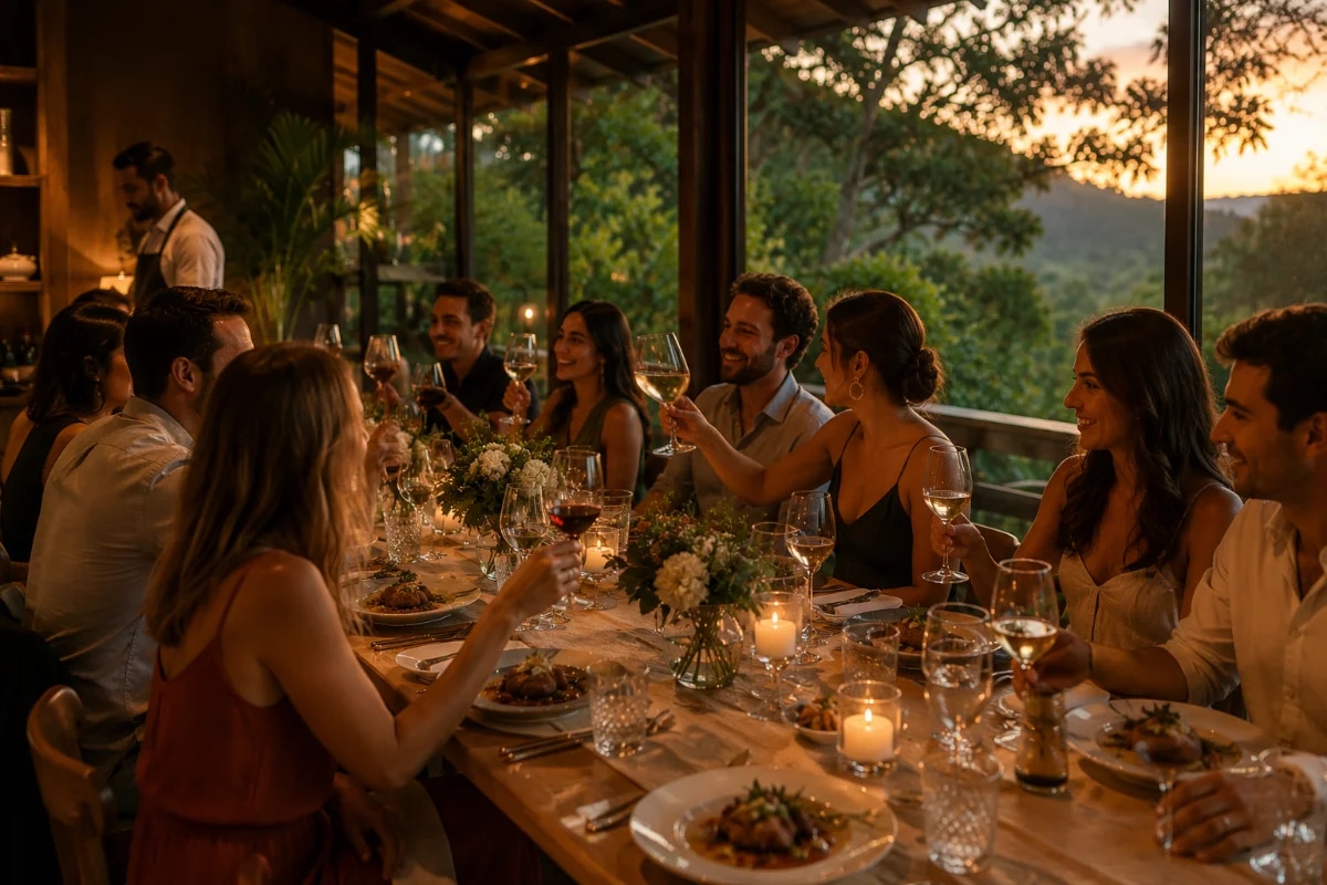 Fotografia realista de um mini evento privado em espaço gastronômico sofisticado na Serra da Cantareira: mesa longa posta com louças neutras e taças, arranjos discretos, pratos bem apresentados, equipe de serviço ao fundo de forma sutil, ambiente com madeira e grandes janelas para a natureza, clima intimista e premium, iluminação quente de fim de tarde com luz natural entrando, profundidade de campo suave, composição equilibrada com foco na mesa e no ambiente, enquadramento horizontal 600x400, sem texto, sem logotipos, sem marcas d’água